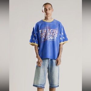 Men's Blue Graphic Short Sleeve Tee with Yellow Trim